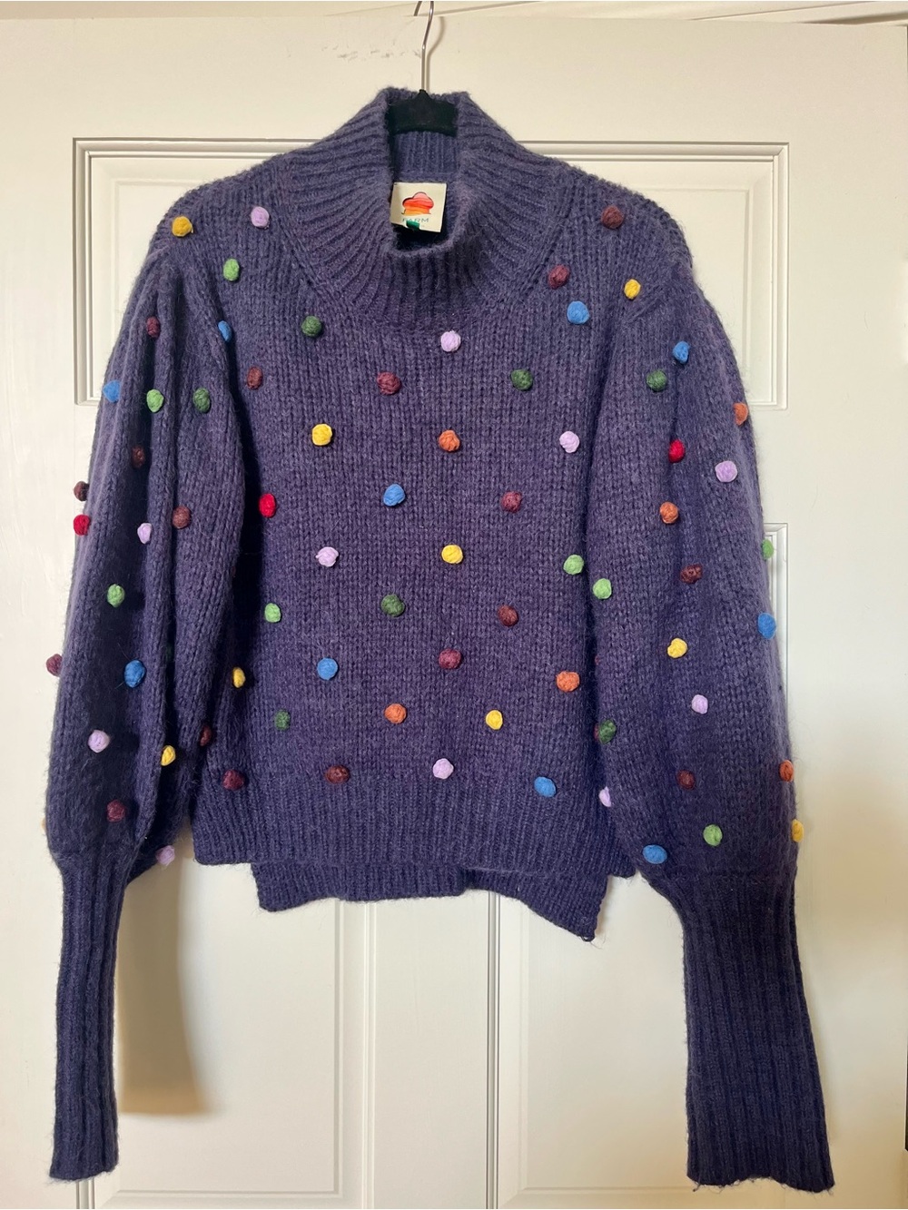 farm Rio Blue Pom-Pom Mock Neck Sweater - Cozy Multicolor Dots Puff Sleeve Sz M